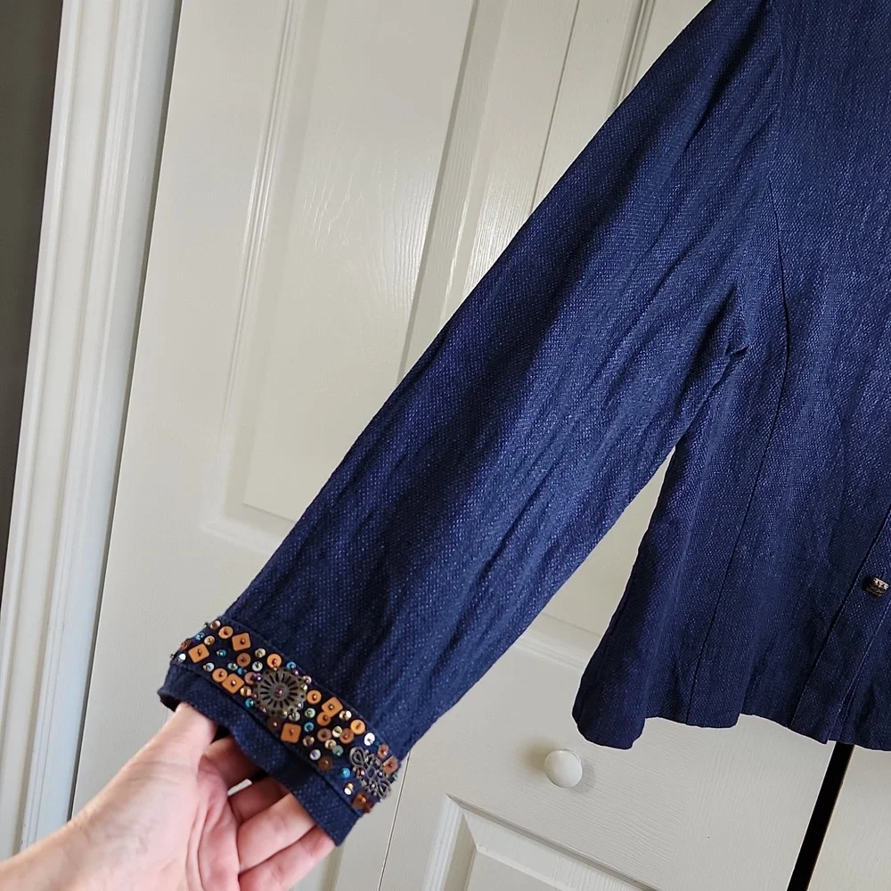 Coldwater Creek‎ Navy Blue Beaded Blazer Jacket Size LG Button Front Linen Blend - Picture 5 of 11